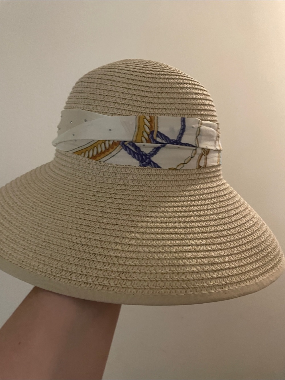 Straw Sun Hat with Decorative Scarf Band - Beige